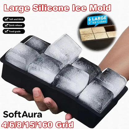 SoftAura 4/6/8/15/160 Grid Large Silicone Ice Cube Tray Food Grade Jumbo Ice Maker Mold Square Ice Tray for Home Kitchen DIY