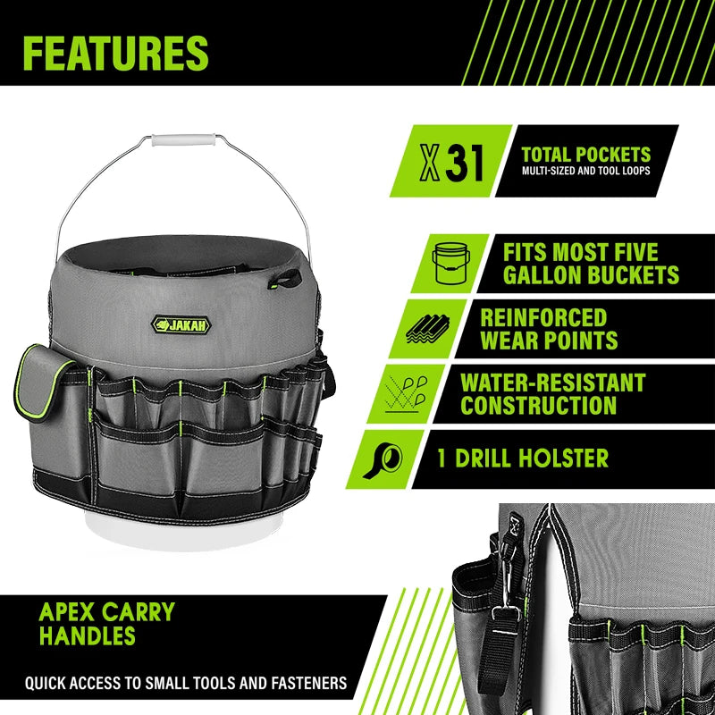 31-Pocket Bucket Tool Organizer for Easy Tool Access Water-Resistant Construction Fits to 3.5-5 Gallon Bucket JK-212