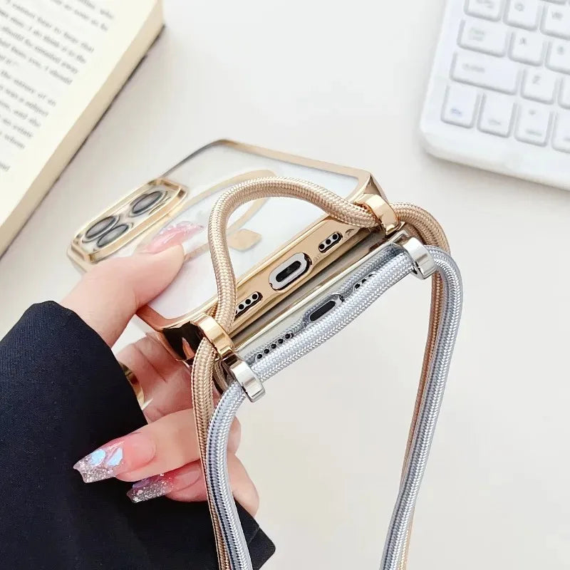 Crossboby Lanyard Plating Phone Case For iPhone Air 17 16E 16 15 14 13 12 11 Pro Max For Magsafe Magnetic Necklace Cord Cover