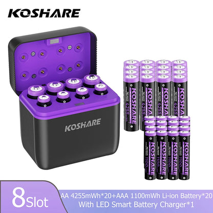 KOSHARE 1.5V AA 4255mWh AAA 1100mWh Rechargeable Lithium Battery Charger Set  With LED Indicator Arc-look Fast Charging Case