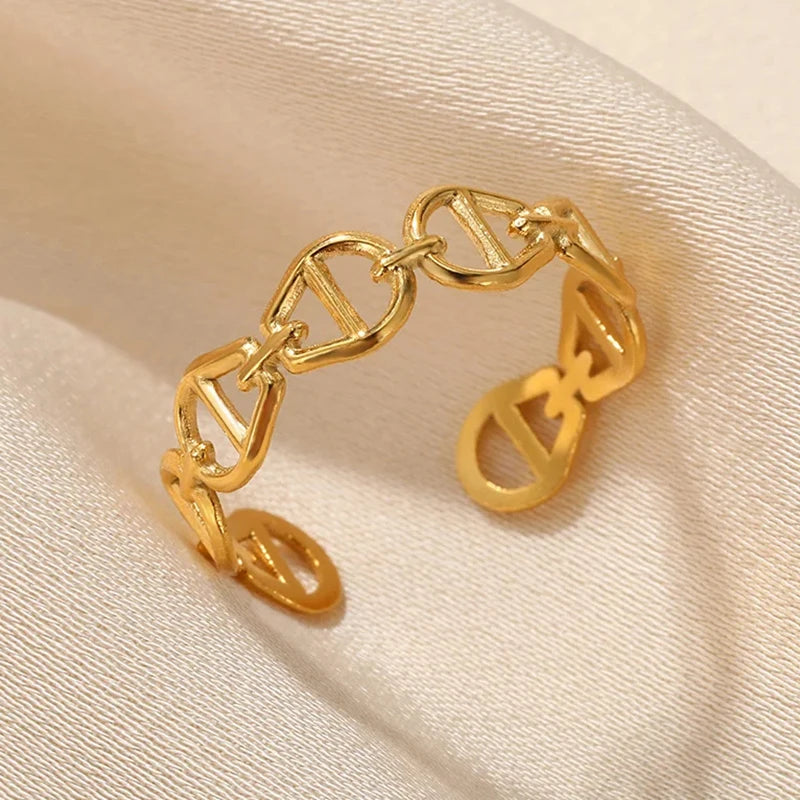 316L Stainless Steel Geometric Open Ring – Gold Color Waterproof Wedding Band