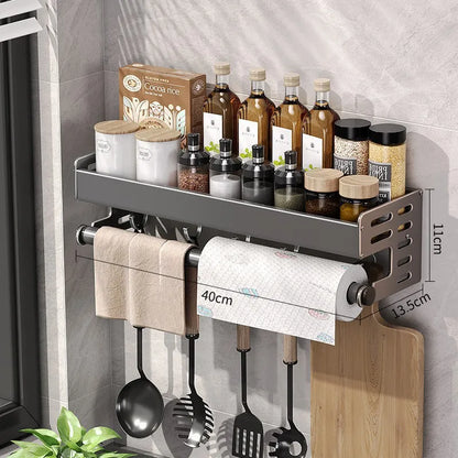Gunmetal Space Aluminum No-Drill Wall Mounted Kitchen Storage Rack - Multi-Functional Organizer for Spice Jars and Knives