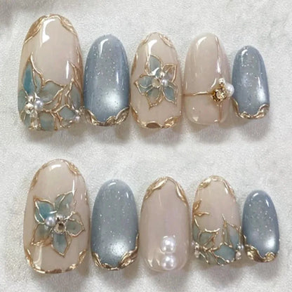 24Pcs Autumn Winter Matte Almond False Nails with Glue Rose Leaf Printing Nail Art Simple Full Cover Press on Acrylic Nails Tips
