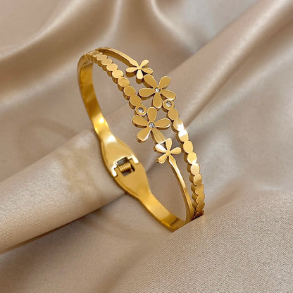 Greatera Stainless Steel Double Flower Cuff Bracelet – Gold Color Waterproof