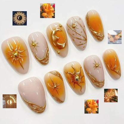 24pcs Romantic Y2k Star Press On Nails Gradient Blue French Style Gold Moon Designs Fake Nail Sweet Almond False Nails For Women