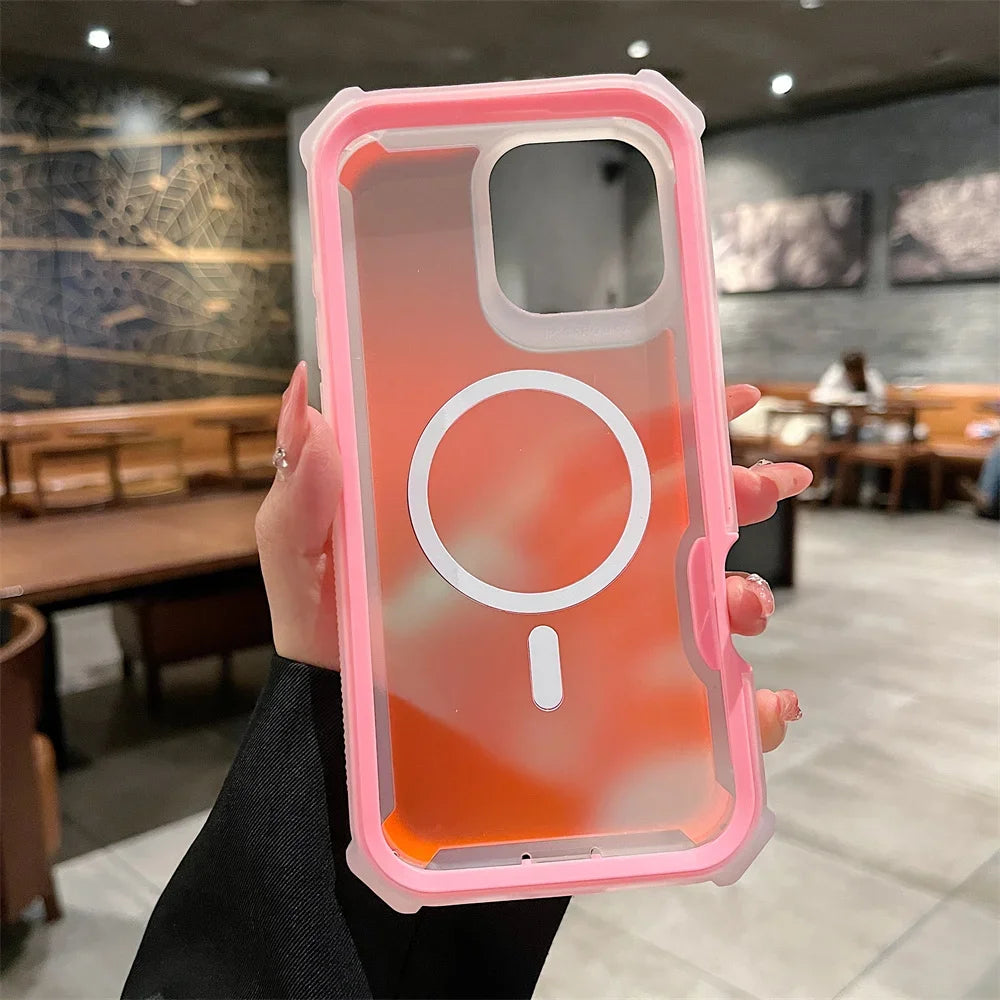 Luxury for Magsafe Laser Dazzling Armor Case For iPhone 16 Pro Max 15 Plus 14 13 Wireless Charging Dual Layer Protection Cover