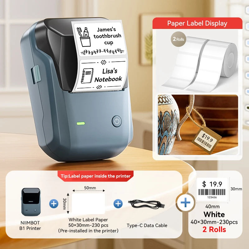 Niimbot B1 Wireless Thermal Label Printer Food Tag Barcode Price Small Business 20-50mm Print Width Label Machine for Home