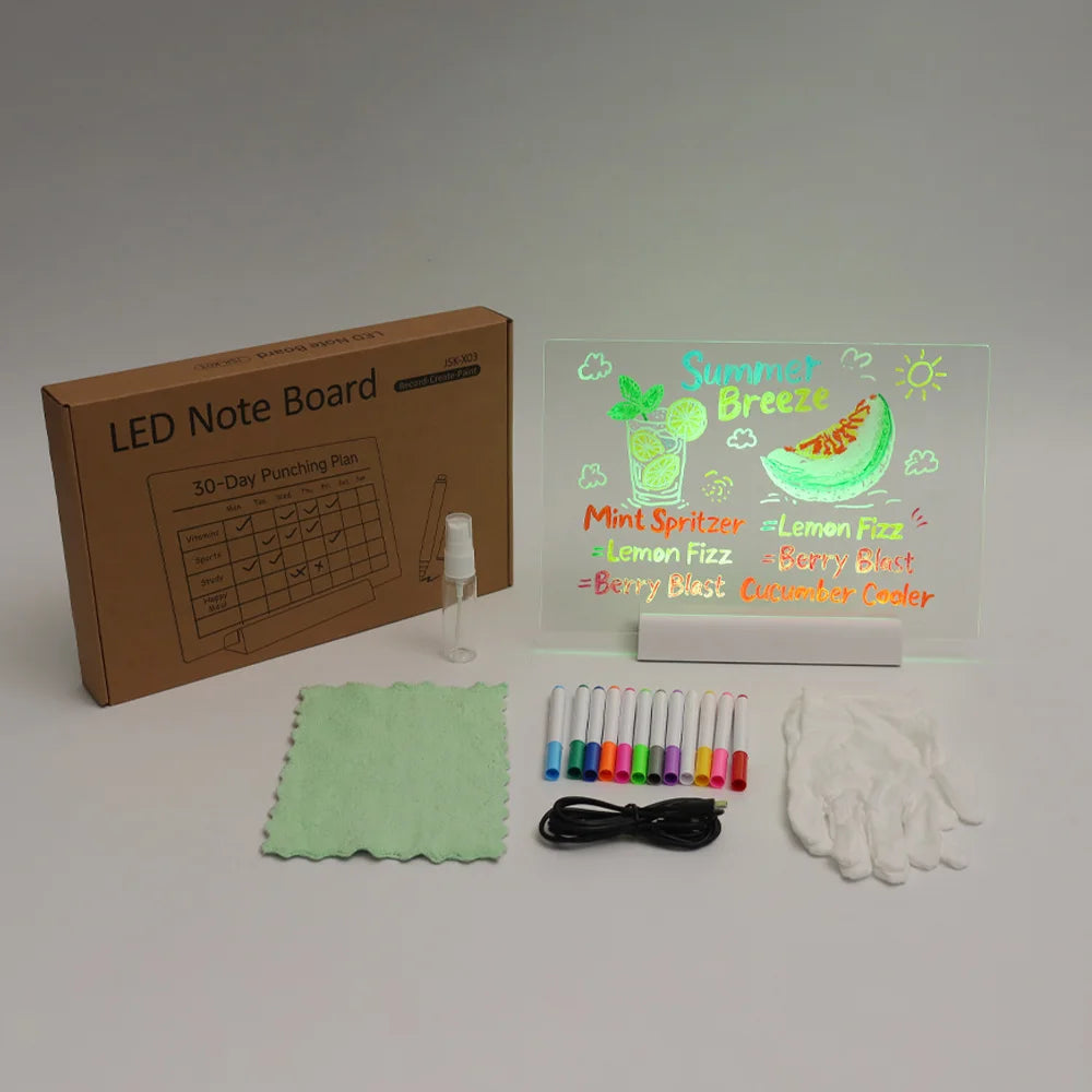 LED Note Board DIY Acrylic Night Light 7 Pens Drawing Board Rechargeable RGB Erasable Painting Drawing Boards Kids Birthday Gift