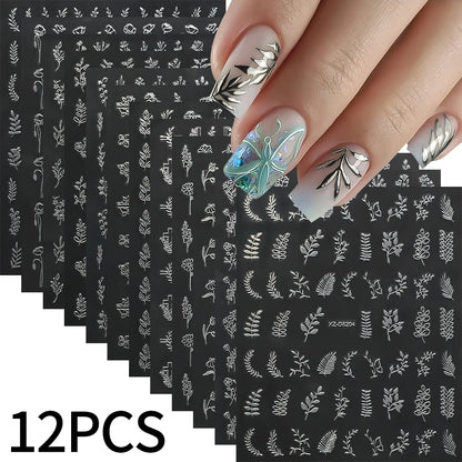 12pcs Metal Simple Leaf Nail Stickers 3D Gold Leaves Flower Bronzing Self-Adhesive Slider Nail Decals DIY Manicure Decoration