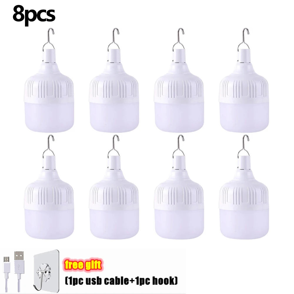 1-8pcs Portable Outdoor Camping Lights USB Rechargeable Lamp LED Emergency Bulb Hook High Power Tents Lantern Night Lights Bulb