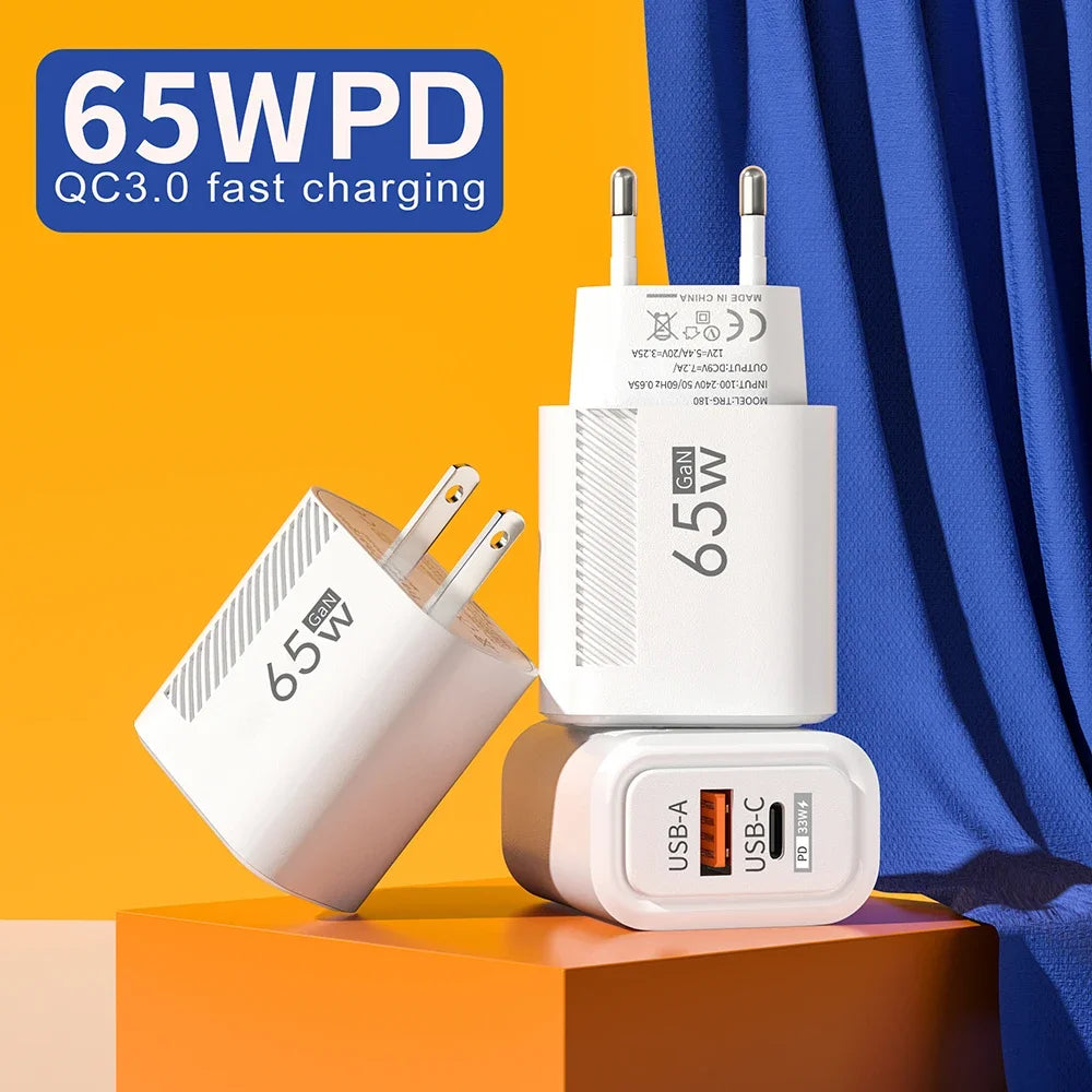 Toatal 65W GAN USB C Charger Fast High Speed Charging Quick Charge For iPhone 15 Xiaomi Samsung USB C Mobile Phone Wall Adapter
