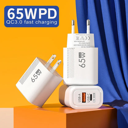Toatal 65W GAN USB C Charger Fast High Speed Charging Quick Charge For iPhone 15 Xiaomi Samsung USB C Mobile Phone Wall Adapter