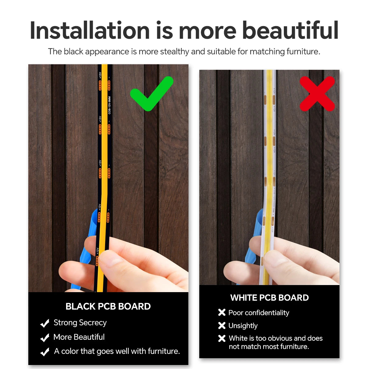 Touch Dimmable Black PCB LED Strip Light COB Tape For Walnut Acoustic Wooden Slat Grille TV Background Wall Panel&Cabinet Decor