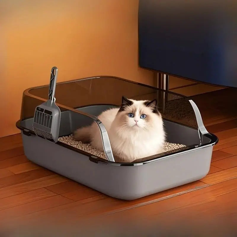 P Semi-Enclosed Cat Litter Box Splashproof Kitten Toilet Tray Pet Cleaning Basin with High Sides for Indoor Use