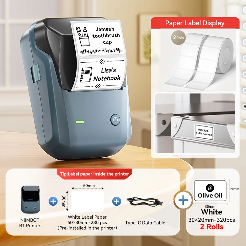 Niimbot B1 Wireless Thermal Label Printer Food Tag Barcode Price Small Business 20-50mm Print Width Label Machine for Home
