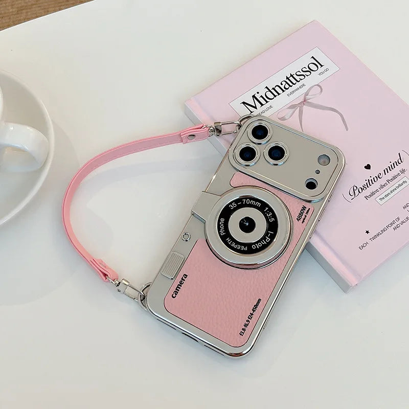Fashionable Retro Camera Phone Case For iPhone 17 16 15 14 13 12 Pro Max Plus with Wrist Strap Protective Case