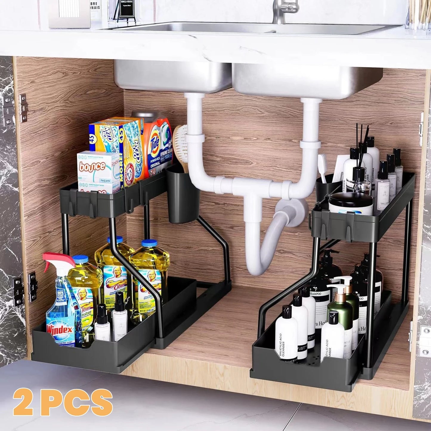 Space-Saving Organizer Shelf 2-Tier Pull-Out Storage Organizer Durable Large Capacity Drawer for Kitchen and Bathroom Essentials