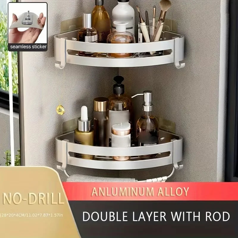 1pc Non-Drill Aluminum Bathroom Storage Rack - Wall Mounted Corner Rack Used For Storing Bathroom Shampoo Shower Gel Cosmetics