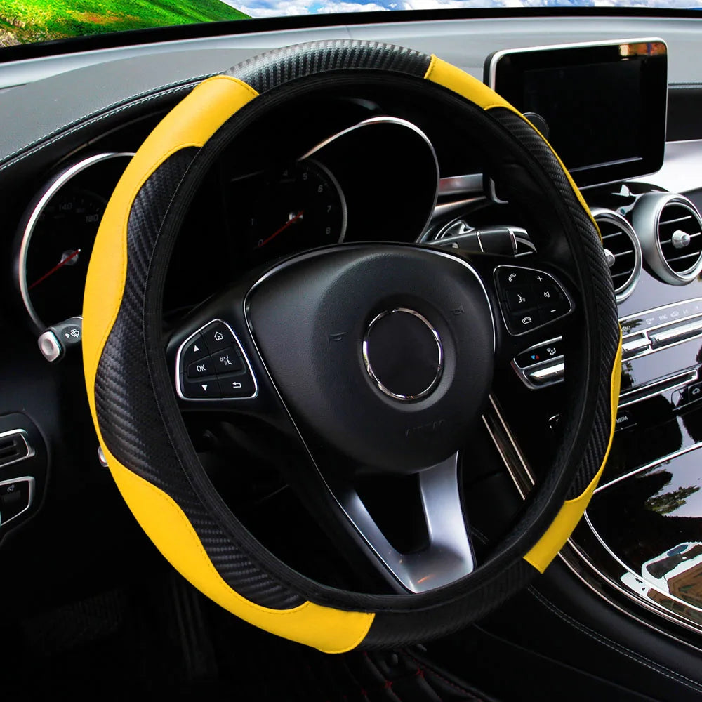 PU Carbon Fiber Leather Car Steering Wheel Cover – 14.5 to 15 Inch