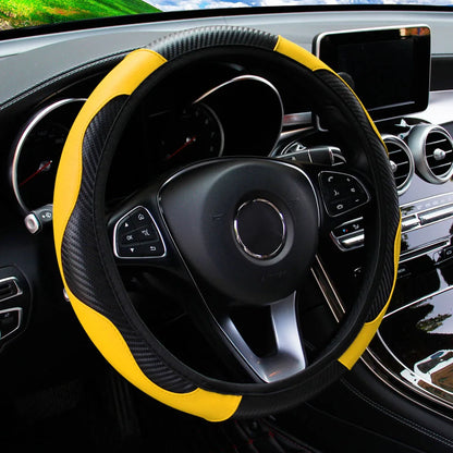 PU Carbon Fiber Leather Car Steering Wheel Cover – 14.5 to 15 Inch