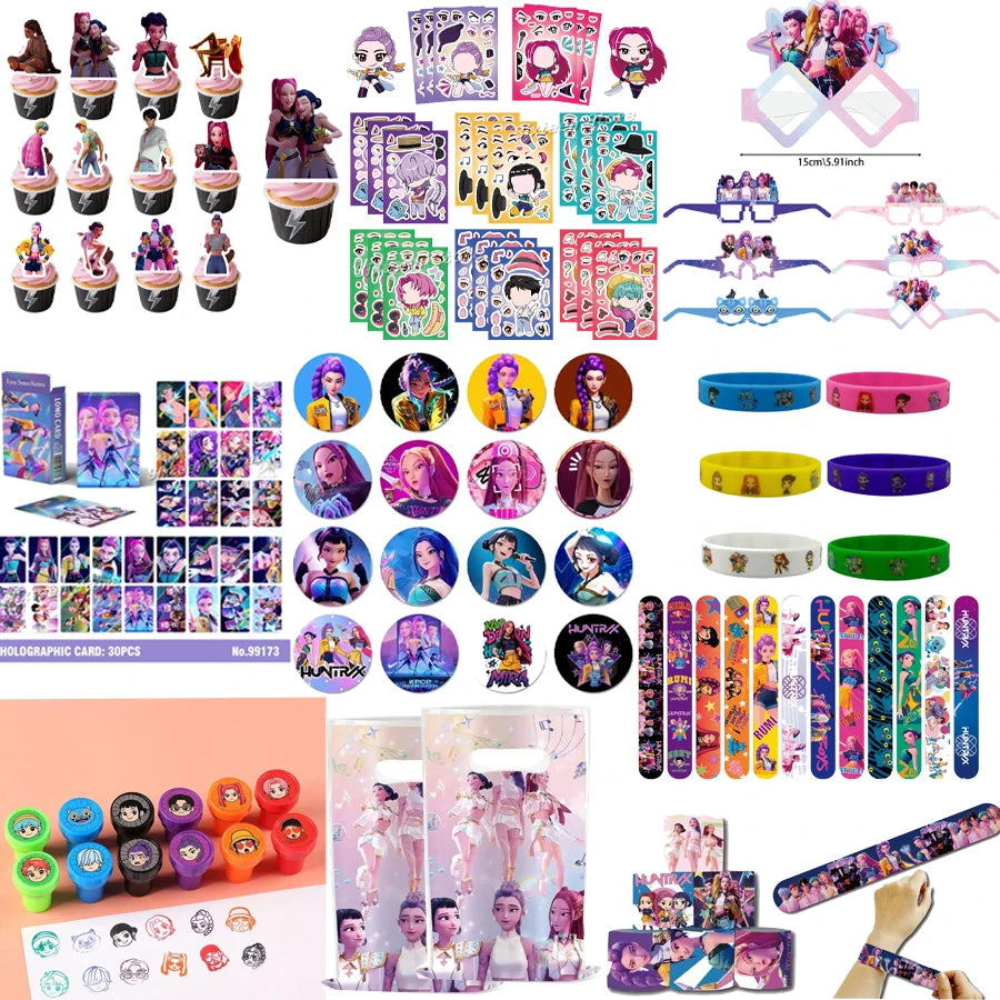 Hot K-pop Birthday Party Favors Cartoon Kids Gift -Reusable Straw Stamp sticker Bracelet Keychain Pin Badge Game Reward Souvenir