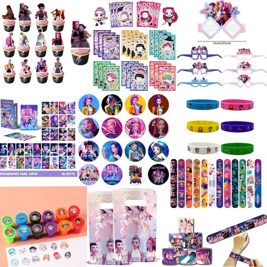 Hot K-pop Birthday Party Favors Cartoon Kids Gift -Reusable Straw Stamp sticker Bracelet Keychain Pin Badge Game Reward Souvenir
