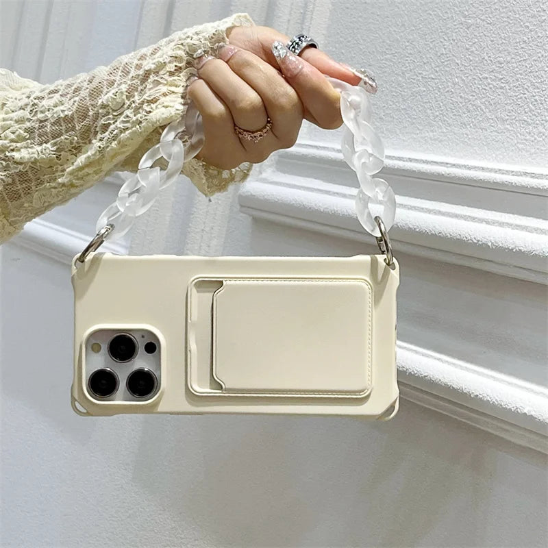 Liquid Silicone Wallet Card Slot Four Corner Anti-Fall Bracelet Phone Case for iPhone 17 18 Pro Max 15 14 13 12 Mini 16 Pro Max