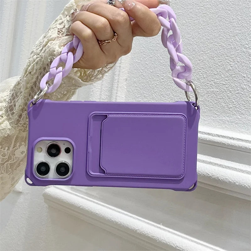Liquid Silicone Wallet Card Slot Four Corner Anti-Fall Bracelet Phone Case for iPhone 17 18 Pro Max 15 14 13 12 Mini 16 Pro Max