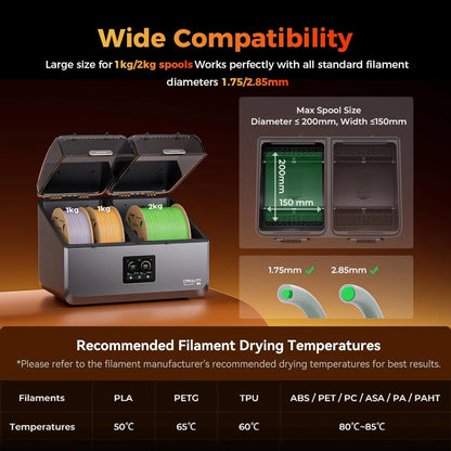 Creality Filament Dryer 4 Spools Space Pi X4 Filament Storage Box 85℃ Max Temperature Dual Independent Heating Chambers