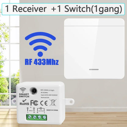 433MHz Wireless Smart Switch 1/2/3 Gang 86 Wall Panel Remote Control Light Switch 10A 110V 220V Home Bedroom Staircase LED Lamp