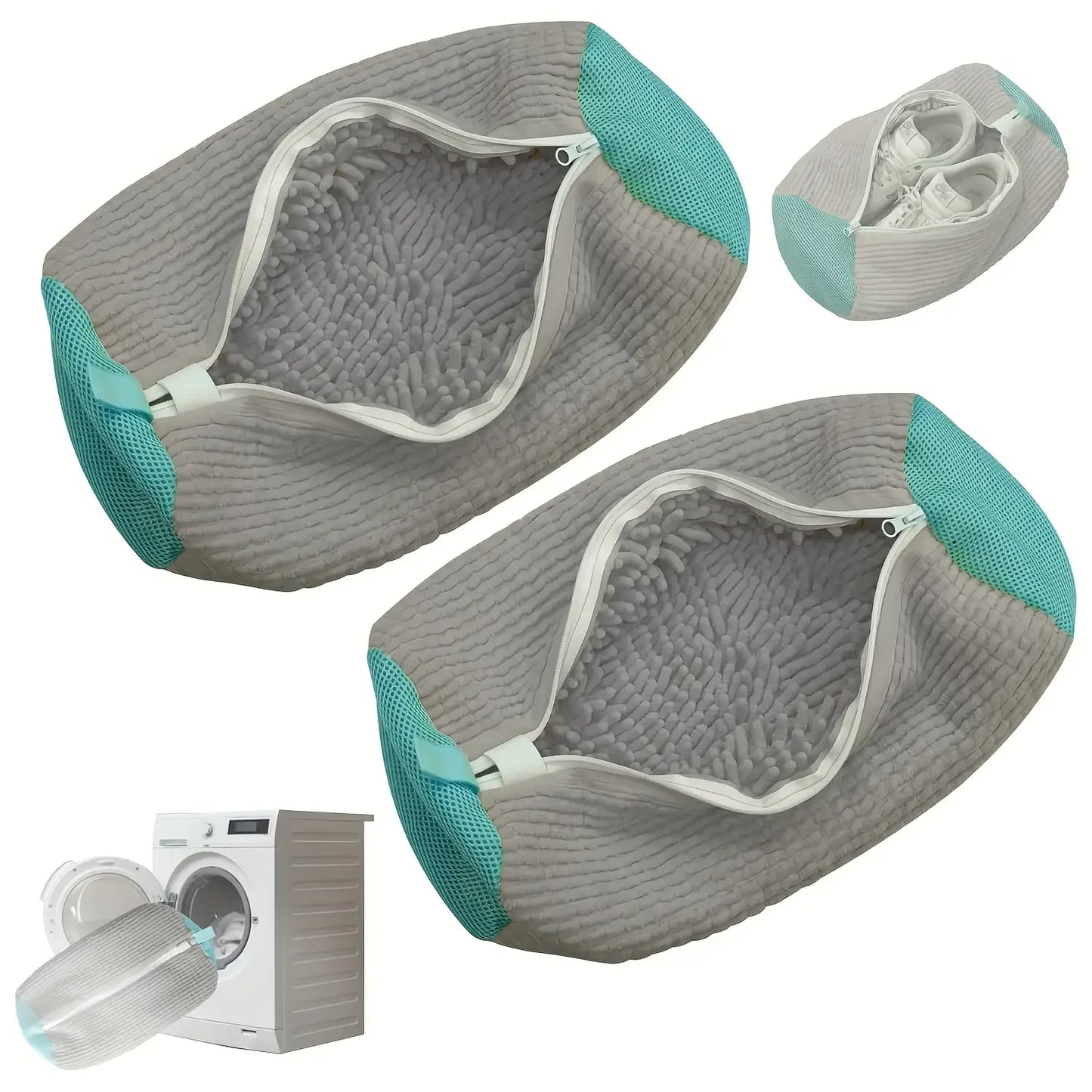 Machine washable shoe washing and drying bag, soft fiber—durable polyester shoe cover, adjustable shoelaces, durable shoe washin