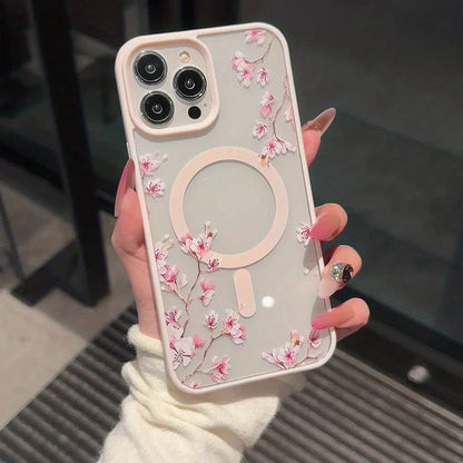 Pink Cherry Elegant Floral Background Design Magnetic Phone Case For iPhone 17 16 15 14 13 12 Pro Max 11 16 Plus 16E 17Air Cover