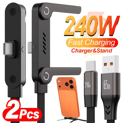 240W Quick Charging Wire with Folding Phone Stands USB A Type C  Holder Charger Cables for IPhone 17 16 15 Samsung S26 Xiaomi