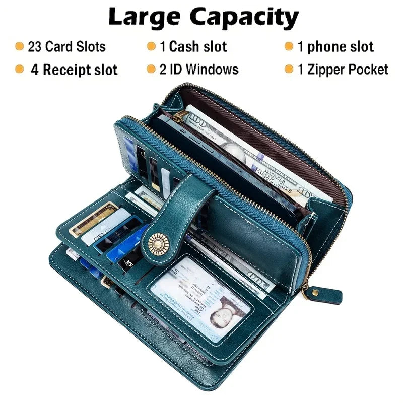 Unisex RFID Blocking Vintage Waxed Leather Long Wallet Large Capacity Zipper Clutch Multi Slots Card Coin Hand Purse