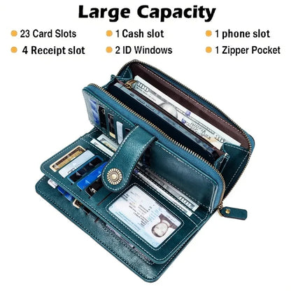 Unisex RFID Blocking Vintage Waxed Leather Long Wallet Large Capacity Zipper Clutch Multi Slots Card Coin Hand Purse