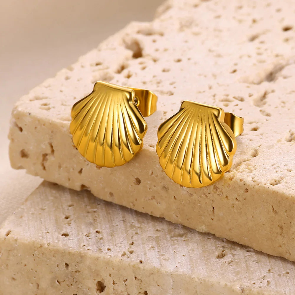Gold Plated Stainless Steel Geometric Claw Earrings - Starfish & Heart Studs for Women, Waterproof Fashion Jewelry Gift