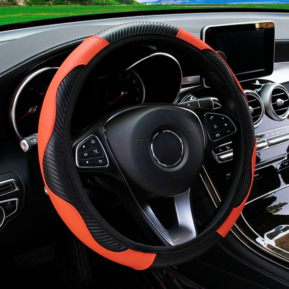 PU Carbon Fiber Leather Car Steering Wheel Cover – 14.5 to 15 Inch