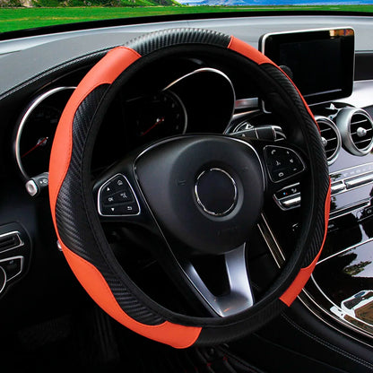PU Carbon Fiber Leather Car Steering Wheel Cover – 14.5 to 15 Inch