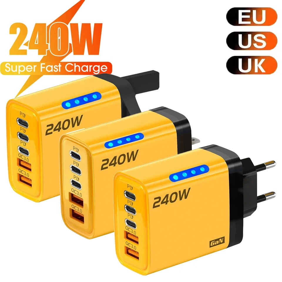 Multi-Port Fast Charger 240W 5 Ports USB C PD QC3.0 for iPhone Samsung Huawei Xiaomi Laptop Tablet Quick Charge Adapter