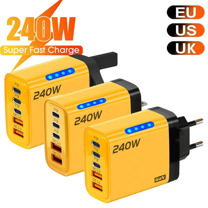 Multi-Port Fast Charger 240W 5 Ports USB C PD QC3.0 for iPhone Samsung Huawei Xiaomi Laptop Tablet Quick Charge Adapter