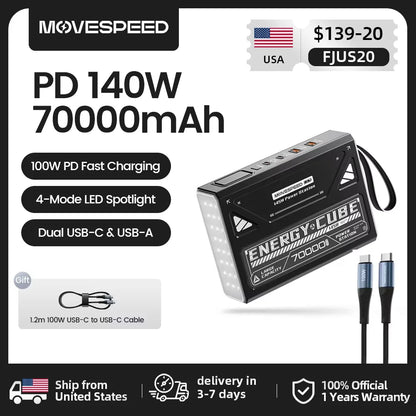 MOVESPEED Z70 Pro Large Capacity Power Bank 140W Max Fast Charge Laptop External Battery Charger for MacBook Pro Outdoor Camping
