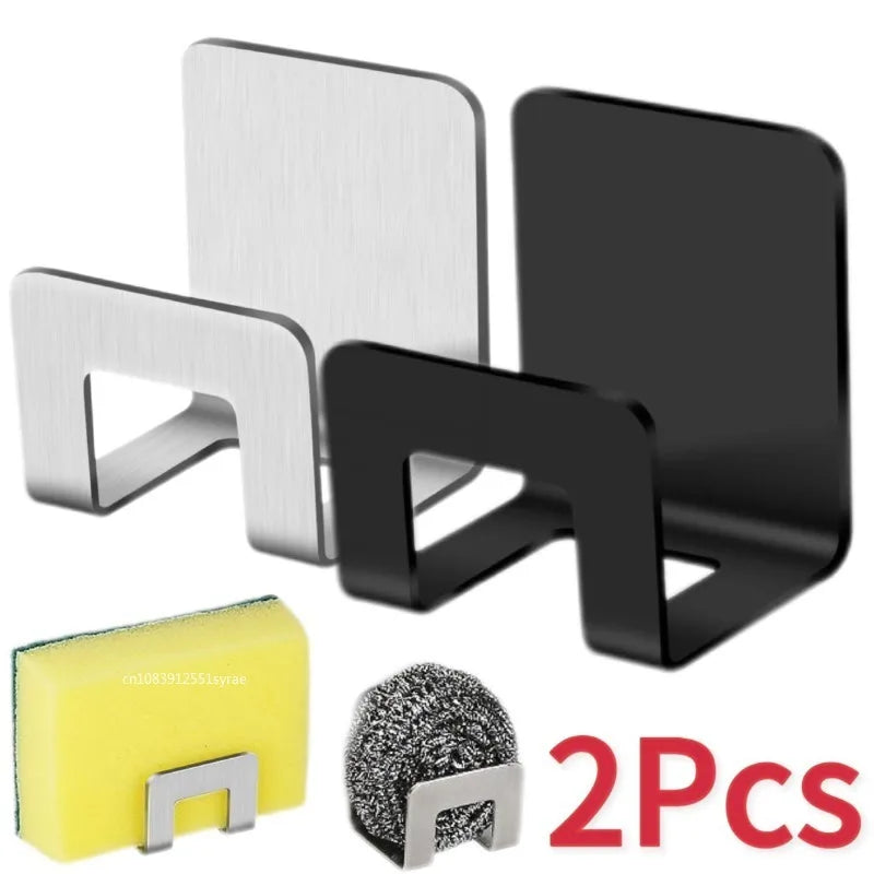 2pcs Stainless Steel Kitchen Sink Sponge Holder Tray Drainer Rack Self Adhesive Hook Sink Storage Holder Kitchen Accessories