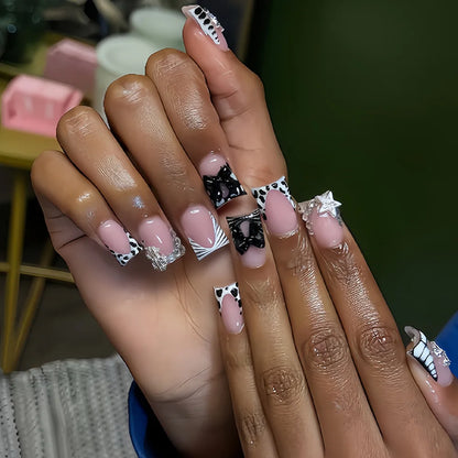 24pcs Nude Pink Sweet Fake Nails Short Duckbill Leopard Print French False Nails With 3D Bowknots Butterfly Cherry Press On Nail