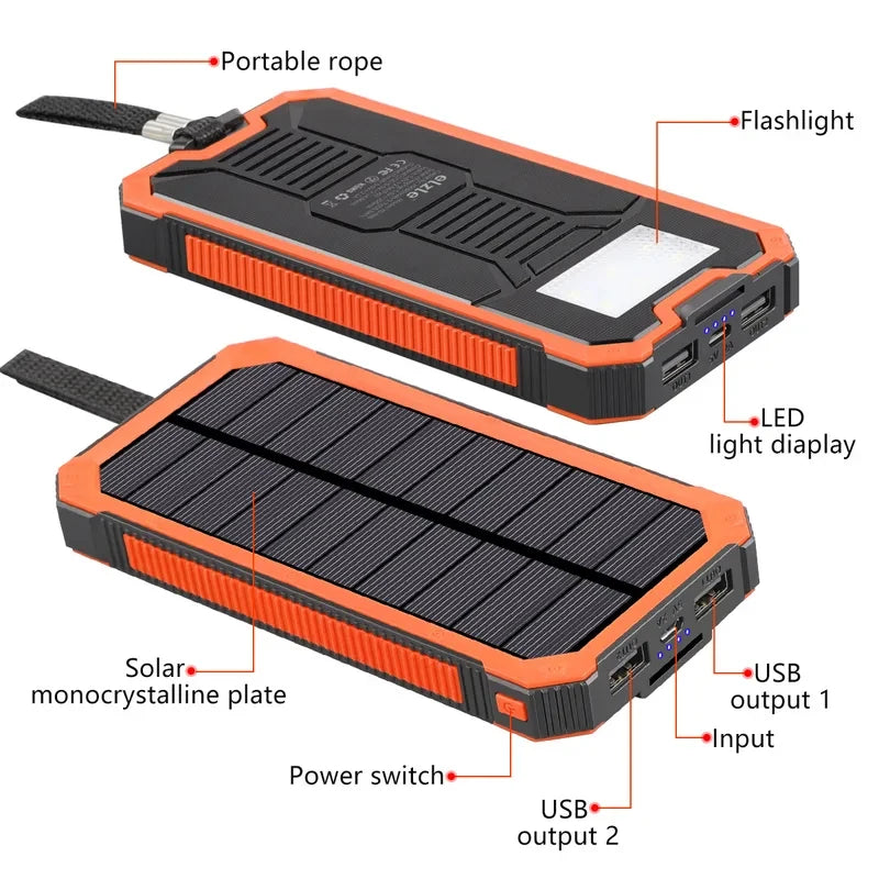 Power Bank 20000mAh Solar Charging Poverbank with Camping Light for iPhone Samsung Powerbank Fast Charger External Battery Pack