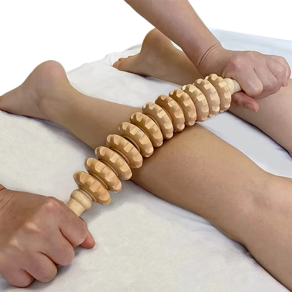 Massageador de fáscia corporal, alça antiderrapante, engrenagem ranhurada de madeira, braços, pernas, coxas, nádegas, rolo suave