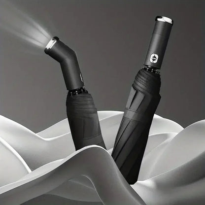 10 bone fully automatic three fold umbrella, rotatable LED flashlight, business wind resistant folding umbrella, sunny umbrella