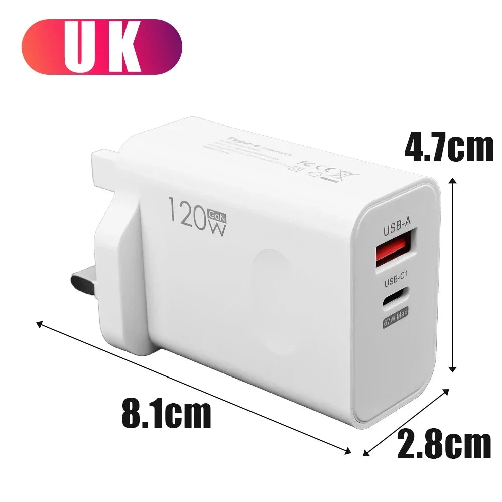 120W Fast Charger USB Type C PD Cable Fast Charging Quick Charge Adapter For iPhone 17 16 15 Pro Xiaomi Samsung Oneplus Huawei