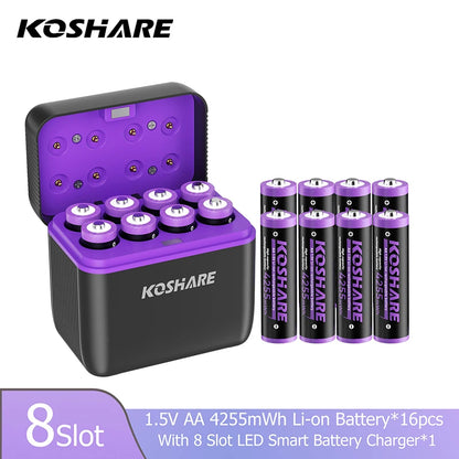 KOSHARE 1.5V AA 4255mWh AAA 1100mWh Rechargeable Lithium Battery Charger Set  With LED Indicator Arc-look Fast Charging Case