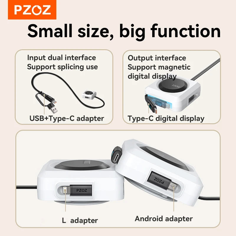 PZOZ For retractable usb c to type c Lightning micro fast charging cable iPhone 17 16 15 13 11 pro max 100W charger cable