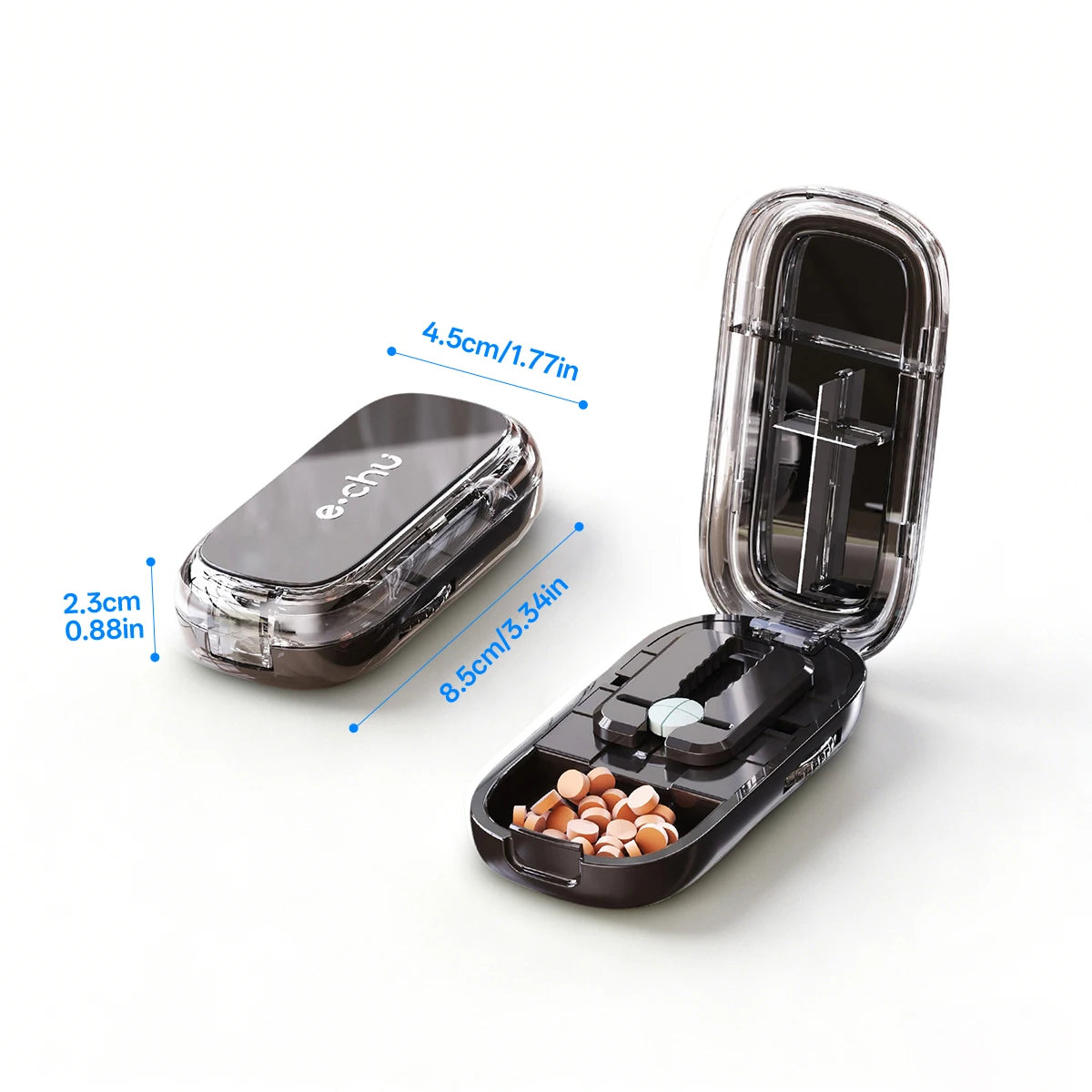 Pill Cutter & Storage Box – Quartering 1/2/1/31/4 Splitter, Portable Dustproof Tablet Divider Organizer with Crusher